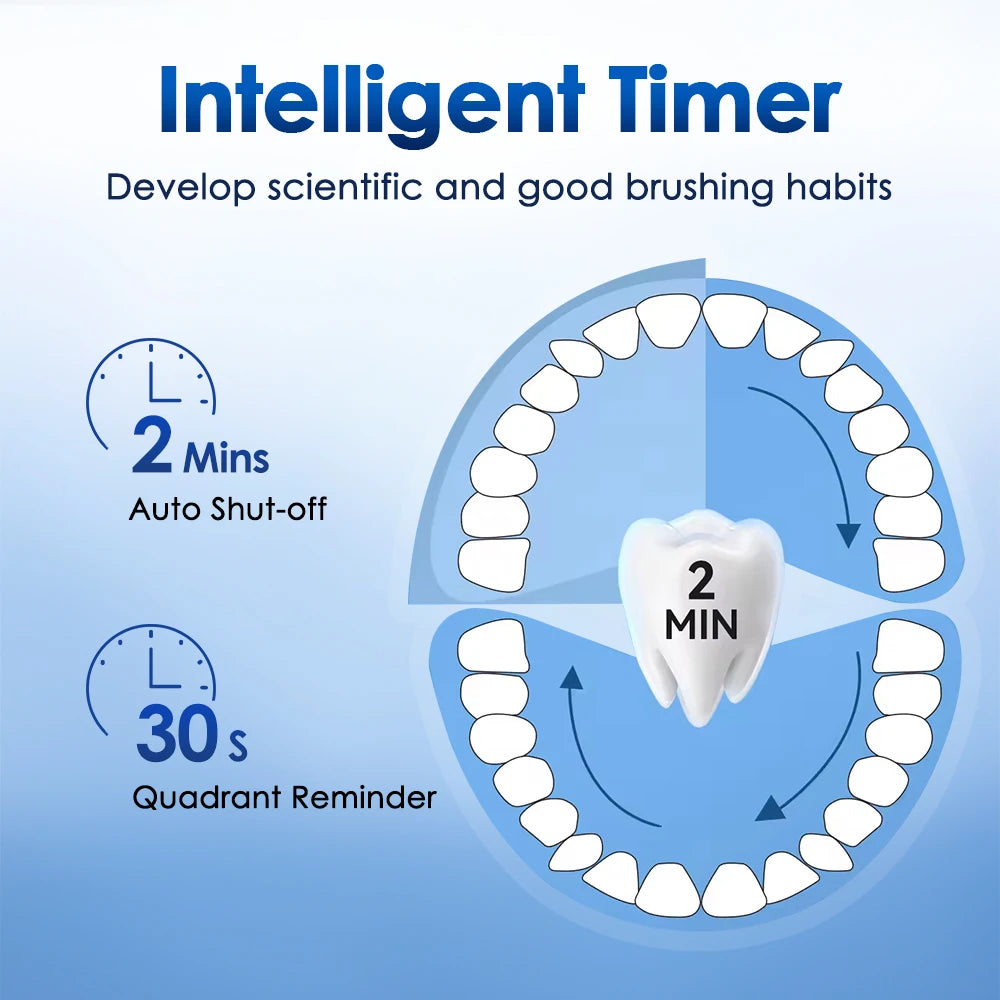 Diagram showing an intelligent timer for brushing habits, including a 2-minute auto shut-off and a 30-second quadrant reminde