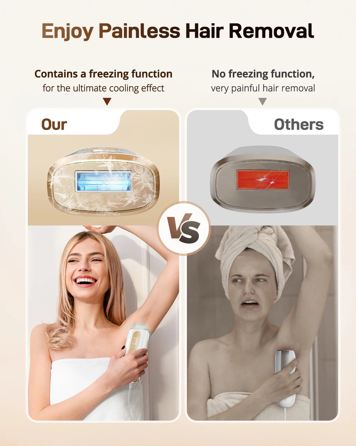 Comparison of an IPL hair removal device with freezing function versus a device without freezing function.