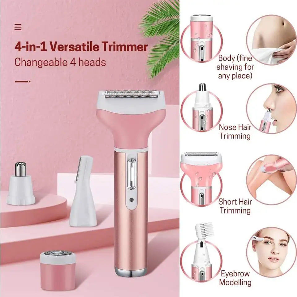 A pink 4-in-1 versatile trimmer with four interchangeable heads for body and facial grooming.
