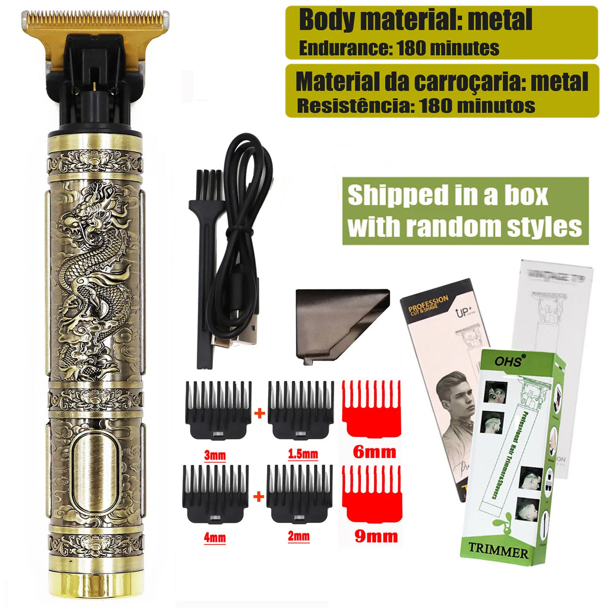 A professional electric hair clipper and beard trimmer with various attachments and blades.