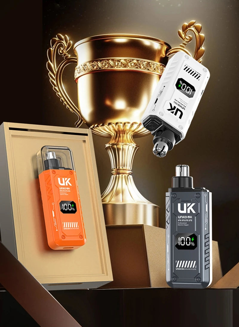 A gold trophy is displayed next to an orange and a black electric trimmer for nose, ear, and eyebrow grooming.