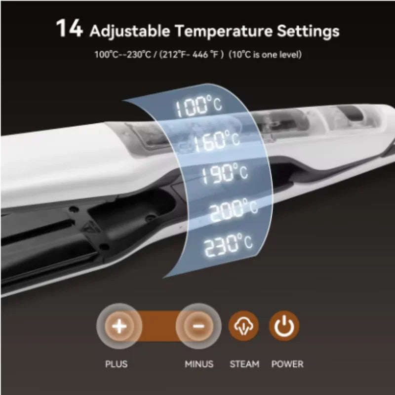 A close-up view of a white professional steam hair straightener showing adjustable temperature settings on a digital display.
