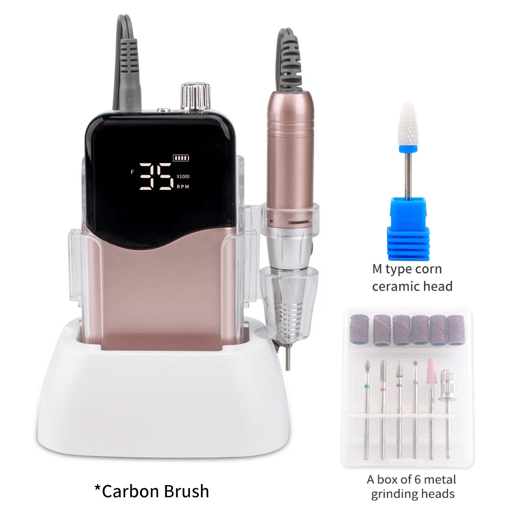 A cordless rechargeable nail drill with a pink body and silver head, shown next to six metal grinding heads.