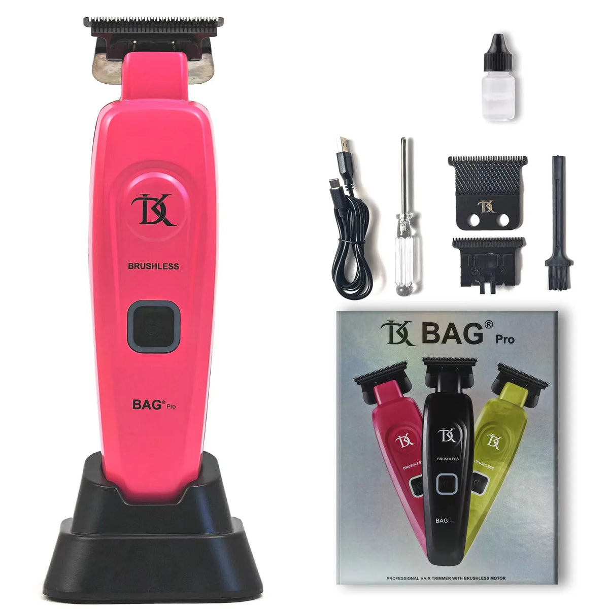 A pink brushless electric hair trimmer with a black base and accessories shown on the right.