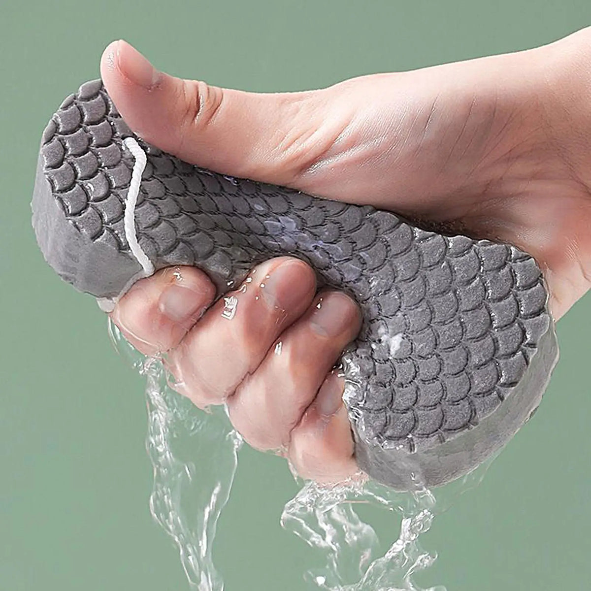 A hand is squeezing a gray exfoliating bath sponge, with water flowing from the sponge.