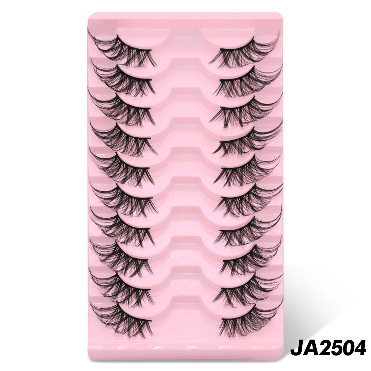 A pink plastic tray holding a set of black false eyelashes for cat eye style.