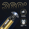A close-up view of a gold electric hair trimmer with a rotating blade and protection features.