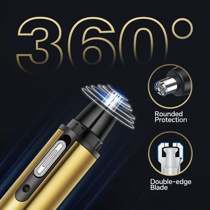 A close-up view of a gold electric hair trimmer with a rotating blade and protection features.