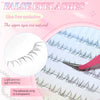 A close-up of false eyelashes showing natural individual clusters, glue-free, and transparent adhesive strips.