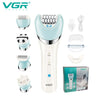 A VGR 5-in-1 electric grooming kit featuring multiple tools for hair and body care in light blue and white.