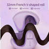 A purple electric curling iron is shown with black hair being curled, demonstrating a 32mm French V-shaped roll.