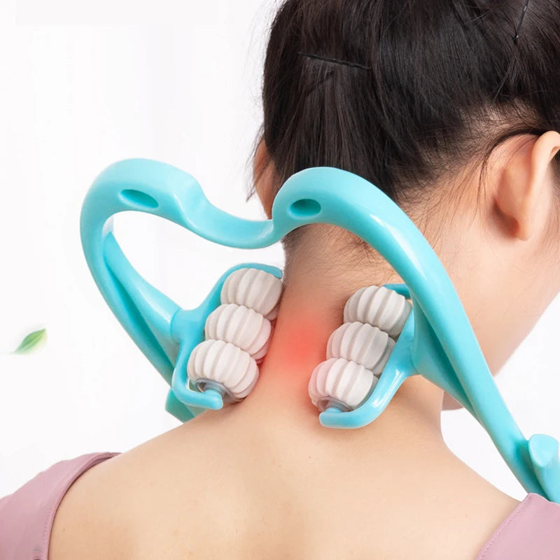 A person is using a light blue manual deep tissue neck and body massager on the back of their neck.