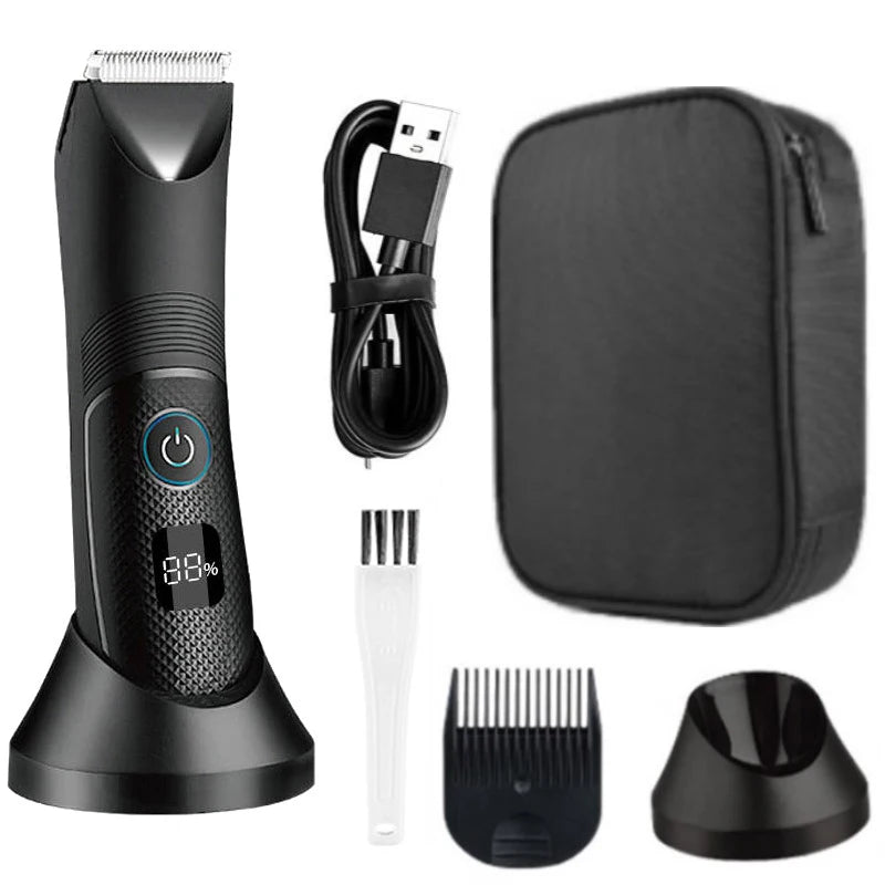 A multi-function body hair trimmer shown with its components including a cord, a blade attachment, and a protective case.