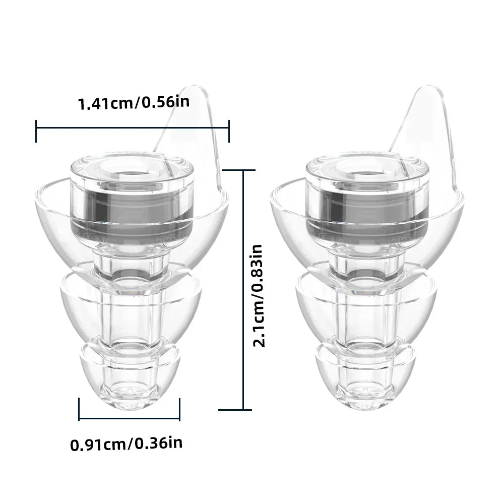 A pair of clear silicone earplugs with storage cases shown with dimensions.
