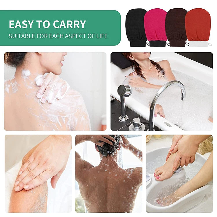 Exfoliating body scrubbing gloves being used for dead skin removal on the body and feet.
