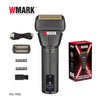A black professional electric hair shaver with a gold-colored shaving head and various attachments.
