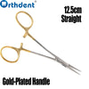 A pair of 12.5cm straight gold-plated dental hemostatic forceps.