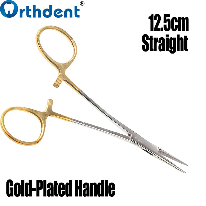 A pair of 12.5cm straight gold-plated dental hemostatic forceps.