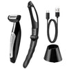 A black electric body grooming shaver with a detachable head and charging cable.