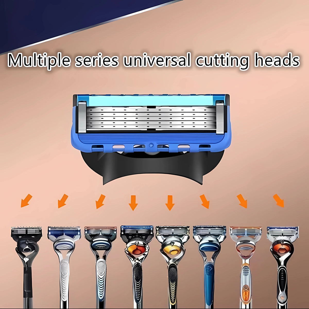 A collection of multiple series universal cutting heads for a shaver, showing various metal and plastic attachments.