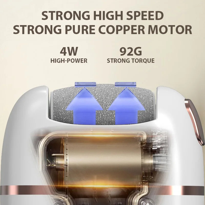 Close-up of a white electric foot grinder motor with a visible copper shaft and high-speed operation.