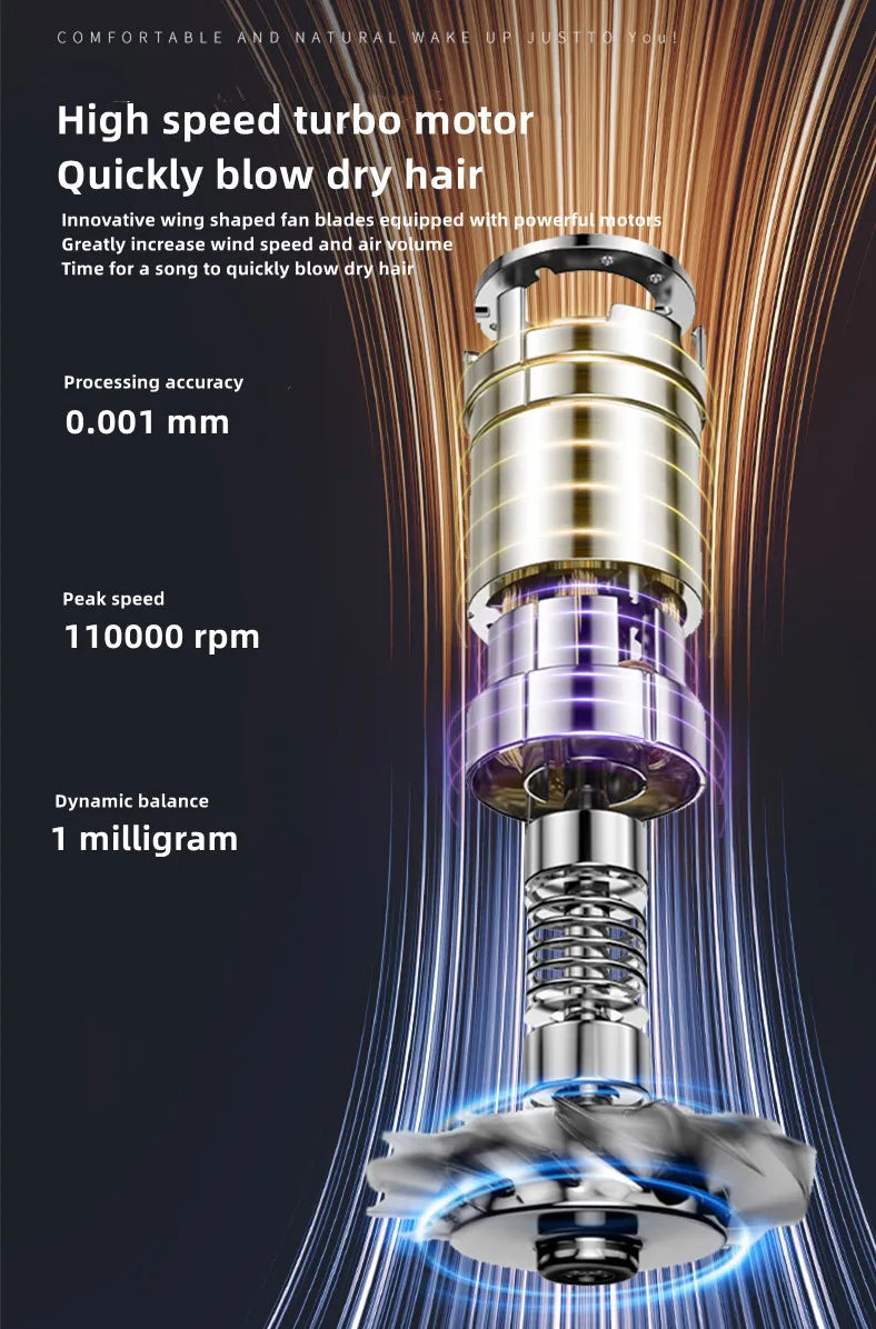 Close-up of a professional high-speed turbo motor hair dryer with a metallic finish and rotating fan blades.