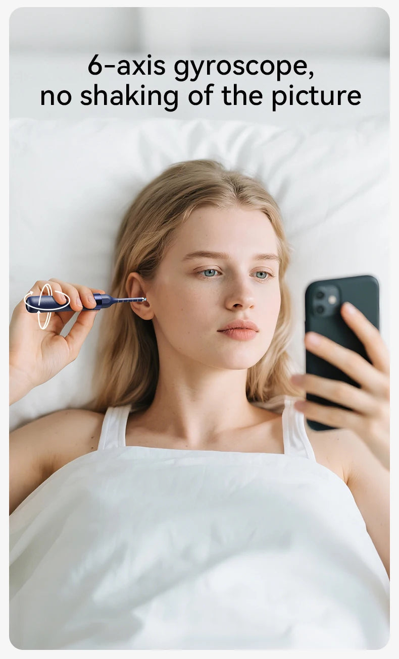A woman is using a 6-axis gyroscope ear cleaning device while lying in bed.