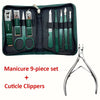 A dark green manicure set with nine tools and cuticle clippers displayed in a zippered case.