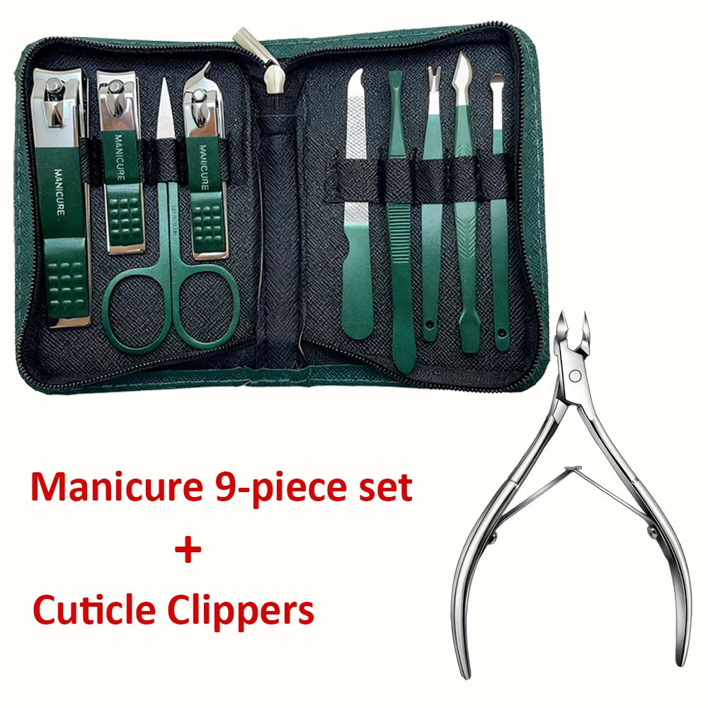 A dark green manicure set with nine tools and cuticle clippers displayed in a zippered case.