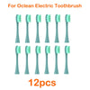 A set of twelve replacement brush heads for an Ocean electric toothbrush, shown in various shades of green.