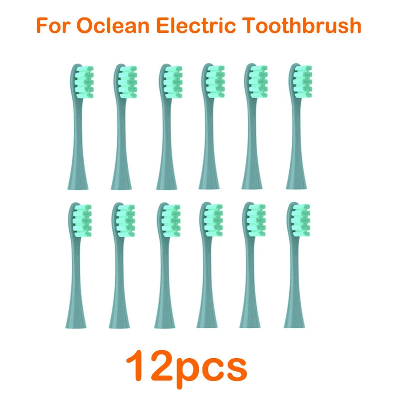 A set of twelve replacement brush heads for an Ocean electric toothbrush, shown in various shades of green.