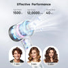 A professional high-speed hair dryer demonstrating performance with various hair types over 1, 3, and 5 minutes.