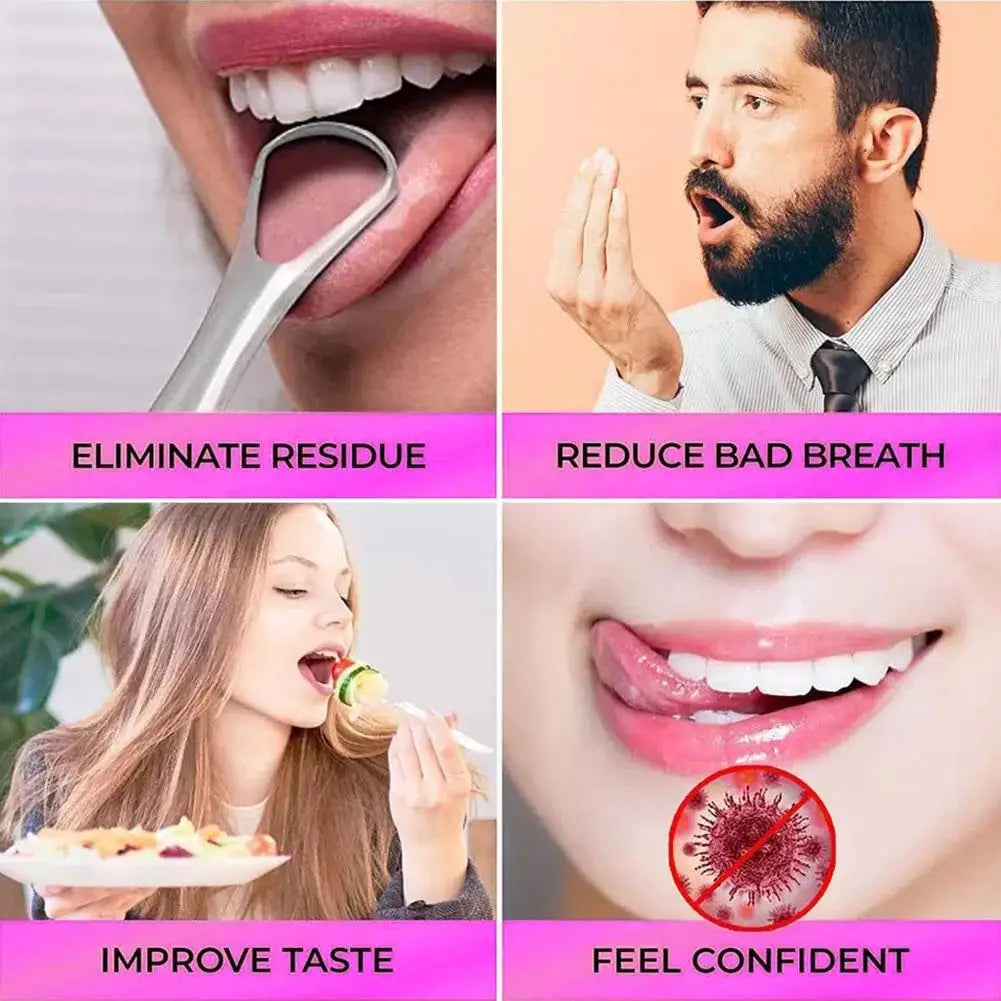 Stainless steel tongue scraper used to eliminate residue, reduce bad breath, improve taste, and feel confident.