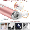 A pink USB rechargeable lithium battery with a silver connector and charging cable shown alongside usage examples.