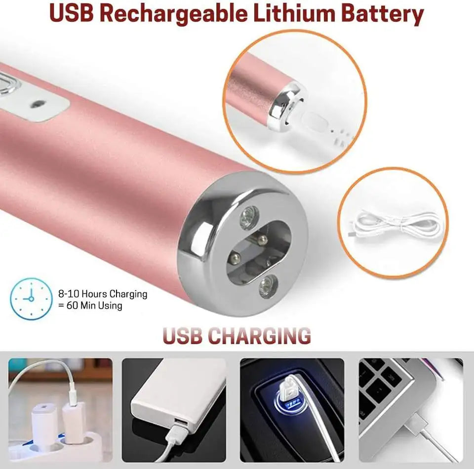 A pink USB rechargeable lithium battery with a silver connector and charging cable shown alongside usage examples.
