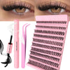 Kit de extensions de cils DIY roses montrant des cils longs naturels et un peigne à cils.