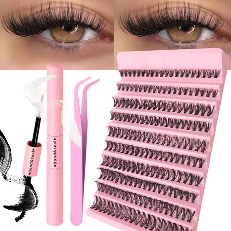 Kit de extensions de cils DIY roses montrant des cils longs naturels et un peigne à cils.