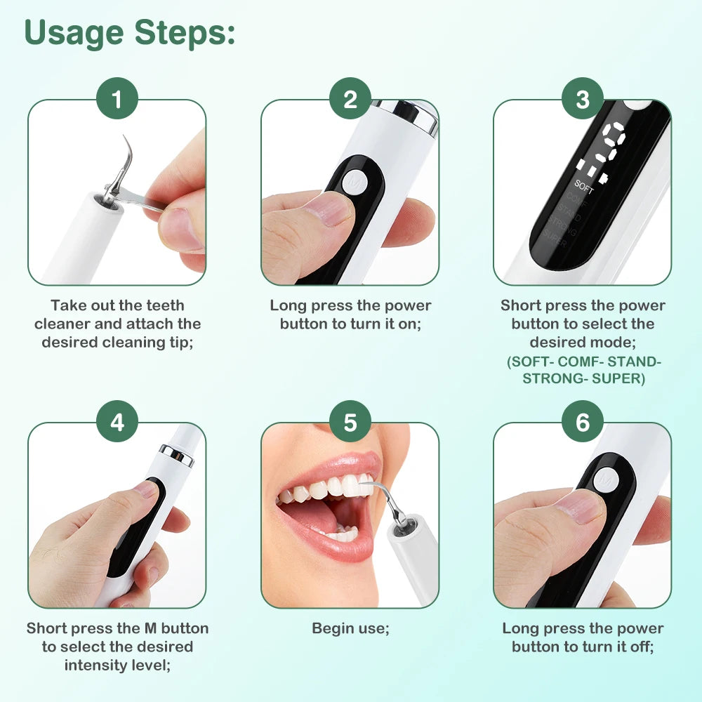 Six steps showing how to use an ultrasonic electric tooth cleaner with a cleaning tip.