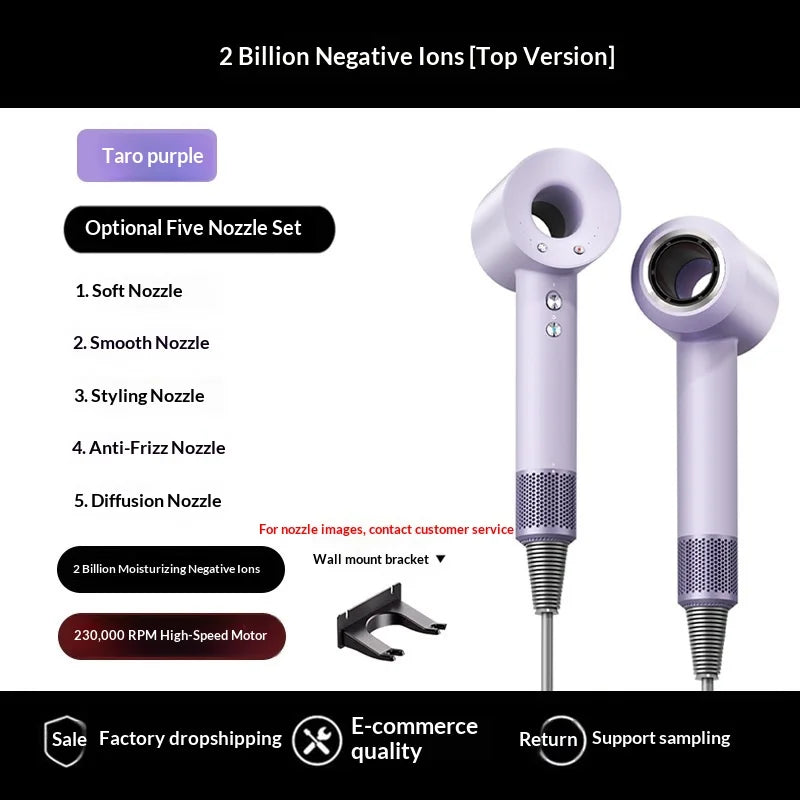 A set of five negative ion nozzles for a hair dryer, featuring soft, smooth, styling, anti-frizz, and diffusion options.