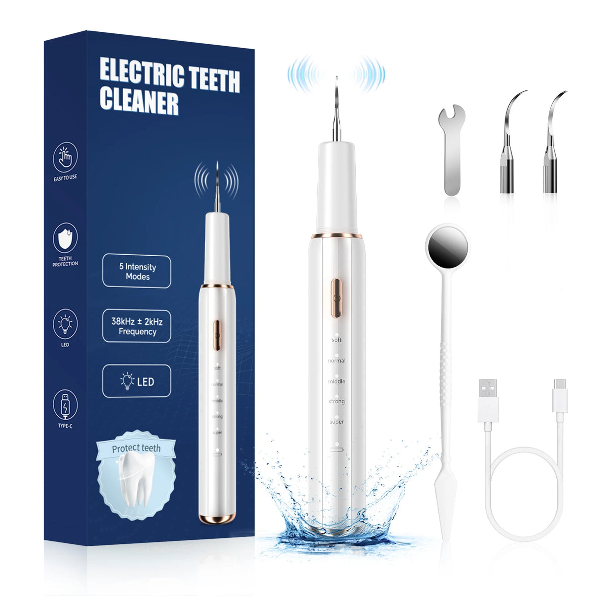 A box and various components of an electric teeth cleaner device including a cleaning probe and charging cable.