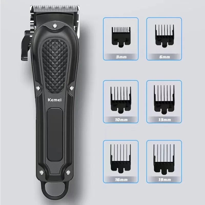 A black professional electric hair clipper trimmer with various guard attachments shown in a grid.