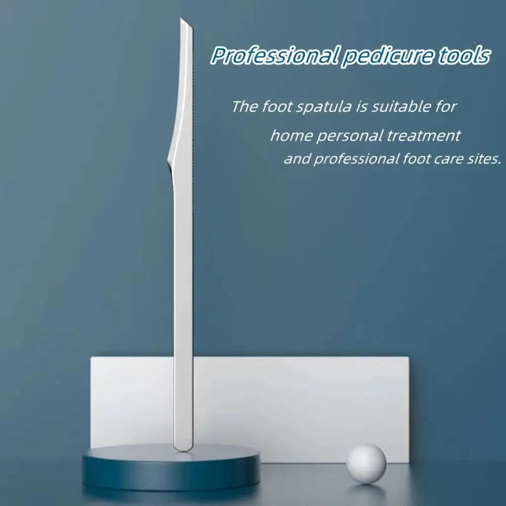 A professional pedicure tool, specifically a foot spatula, is shown standing on a blue base.