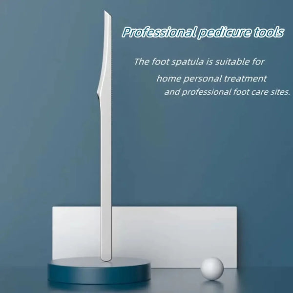 A professional pedicure tool, specifically a foot spatula, is shown standing on a blue base.