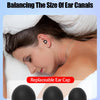 Three sizes of silicone earplugs labeled L M S for balancing the size of ear canals