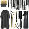 Un set d'outils de coiffure professionnel comprenant un drap, diverses peignes et ciseaux en noir et or.