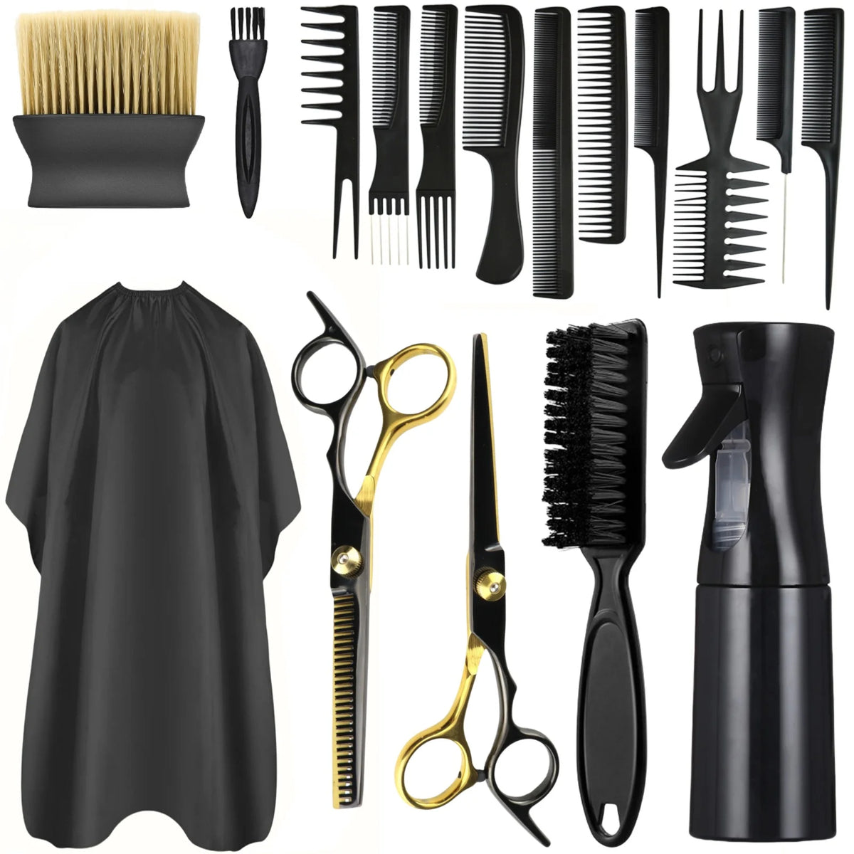 Un set d'outils de coiffure professionnel comprenant un drap, diverses peignes et ciseaux en noir et or.