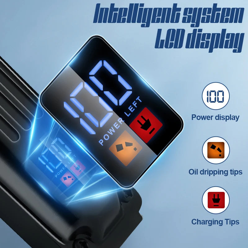 A close-up of a black electric hair clipper displaying a blue LED screen showing 100 power left and various icons for display