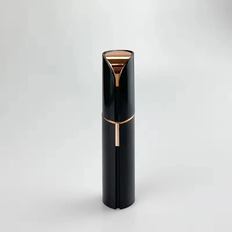 A sleek black electric facial hair remover with a gold accent, shown vertically.