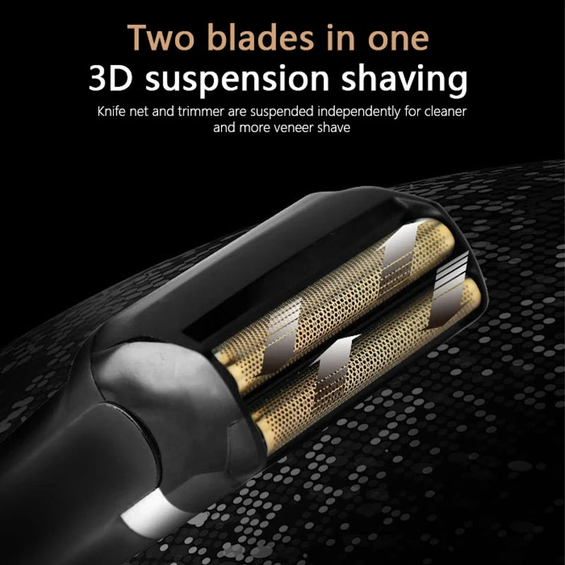 Close-up view of a black electric shaver with two gold blades, showing the 3D suspension shaving design.