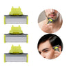 Three replacement electric shaver blades shown in yellow and silver packaging.